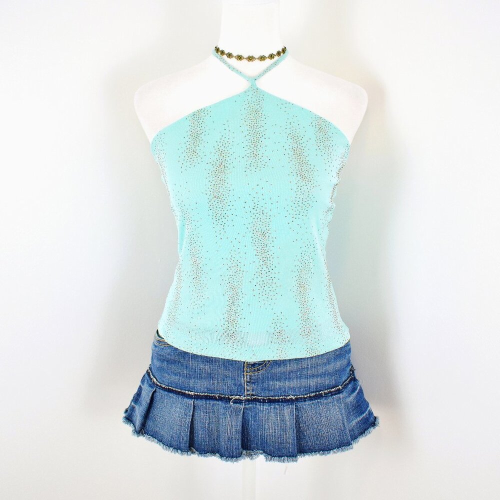 Vintage 00s Y2K Blue Glitter High Neck Tie-Up Halter Tank Top Size Juniors Large